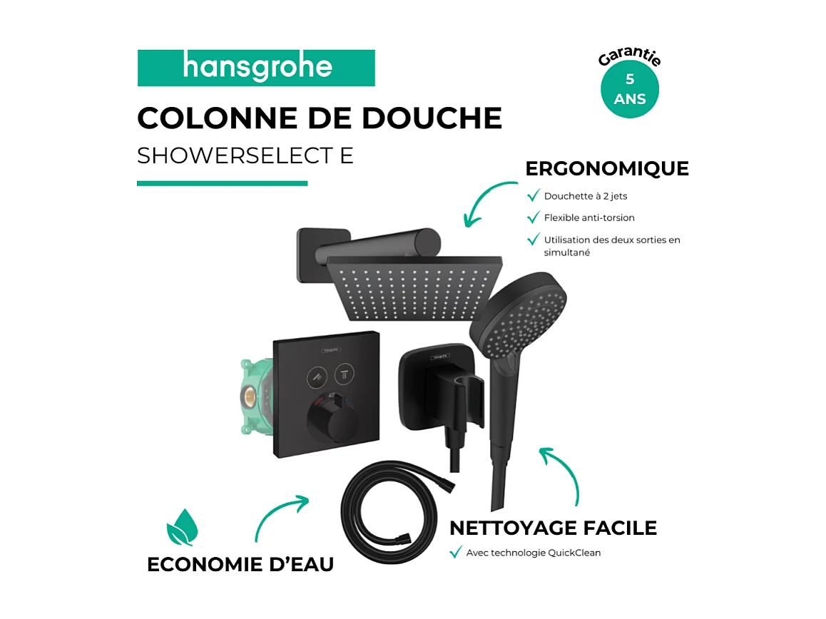 Colonne de douche thermostatique HANSGROHE ShowerSelect E Douche de tête Vernis Shape Flexible Isiflex Douchette Vernis B noir mat