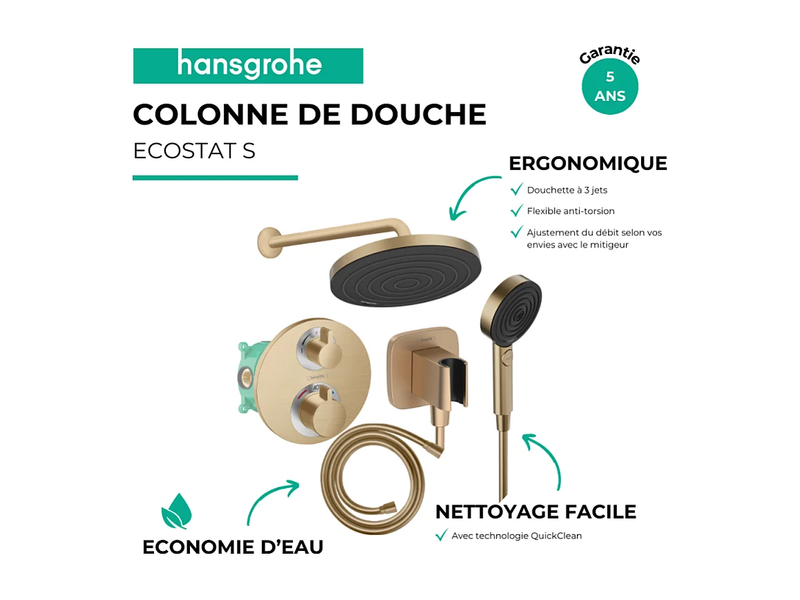 Colonne de douche thermostatique HANSGROHE Ecostat S Douche de tête Pulsify S Flexible Isiflex Douchette Pulsify bronze brossé