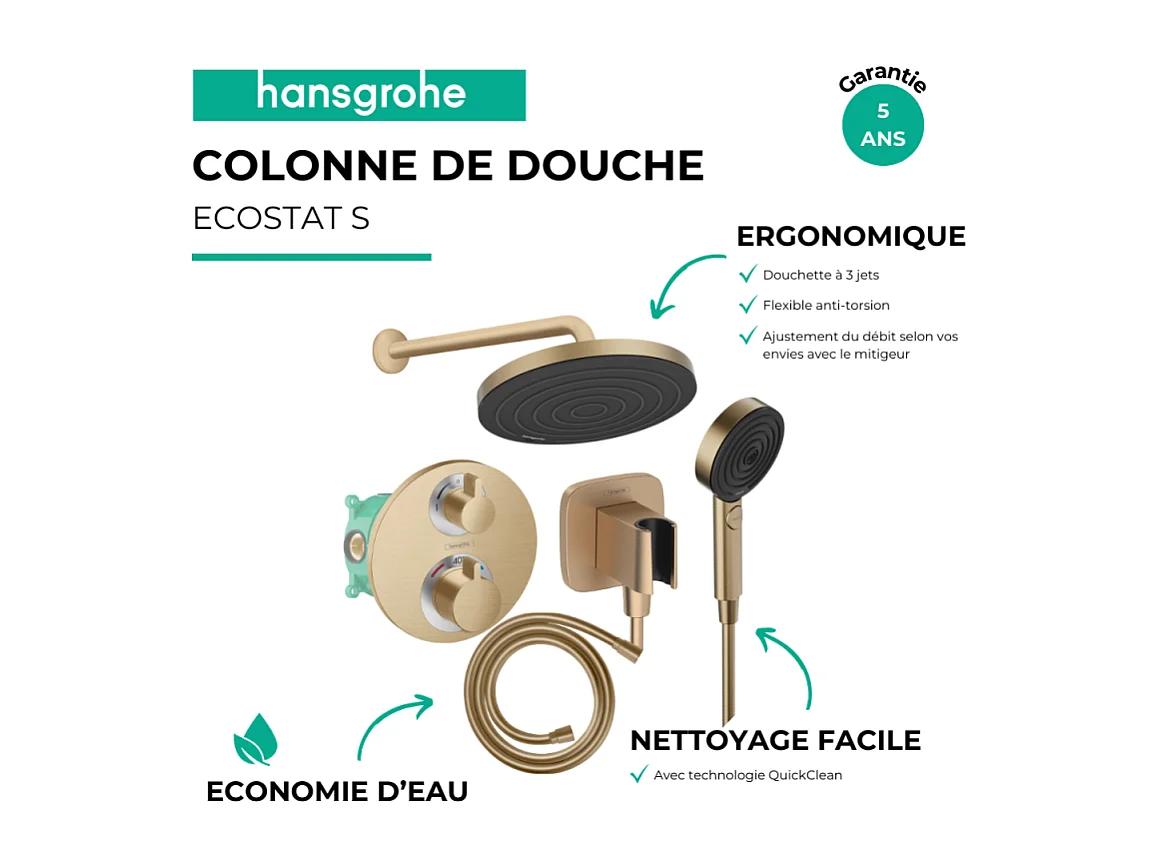 Colonne de douche thermostatique HANSGROHE Ecostat S Douche de tête Pulsify S Flexible Isiflex Douchette Pulsify bronze brossé