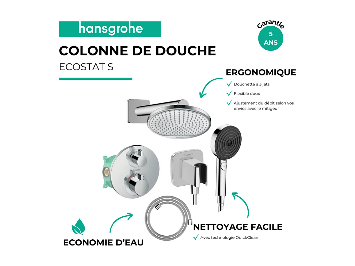 Colonne de douche thermostatique HANSGROHE Ecostat S Douche de tête Crometta S Flexible Designflex Douchette Pulsify chromé
