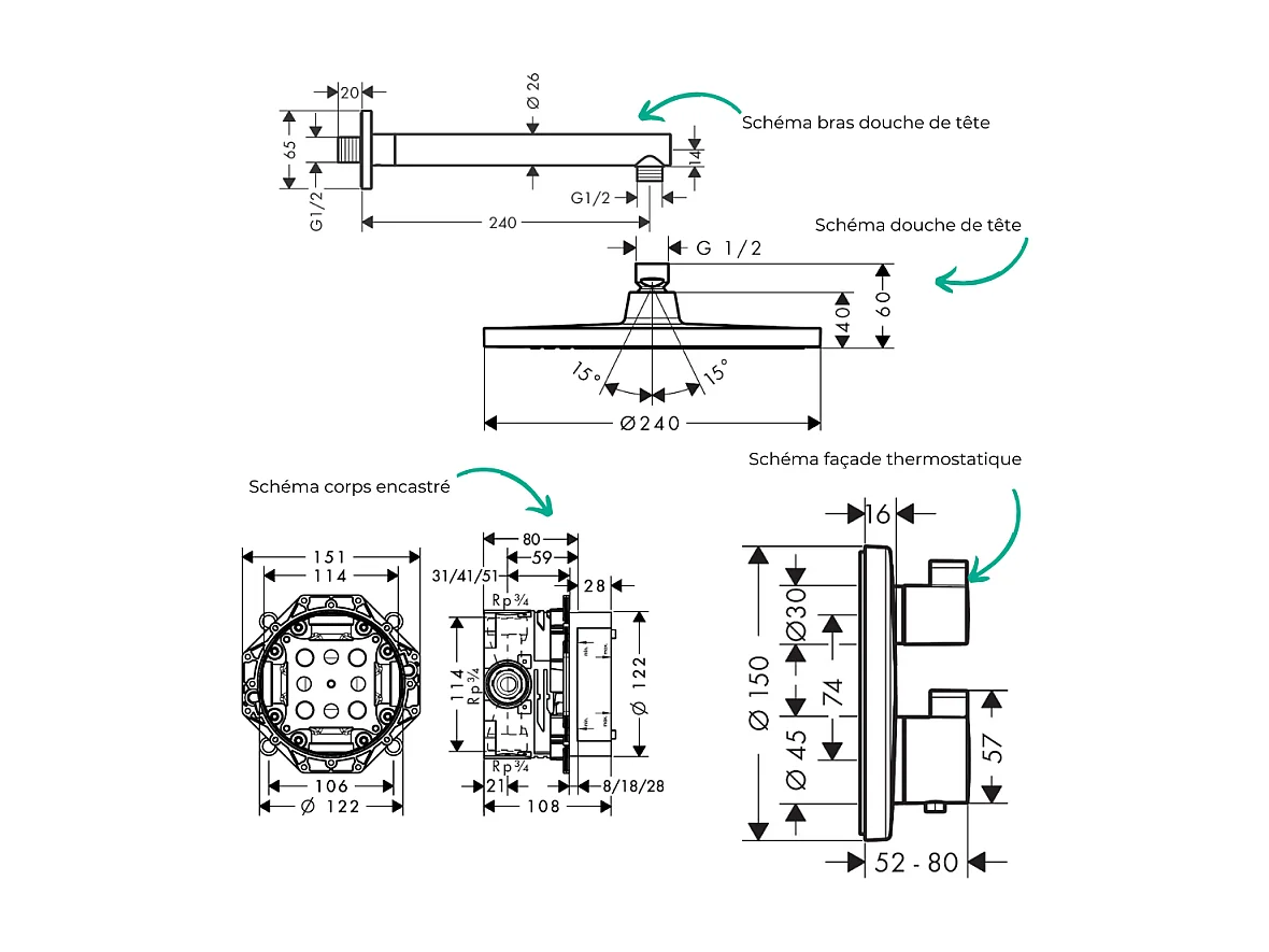 Colonne de douche thermostatique HANSGROHE Ecostat S Douche de tête Crometta S Flexible Designflex Douchette Pulsify chromé