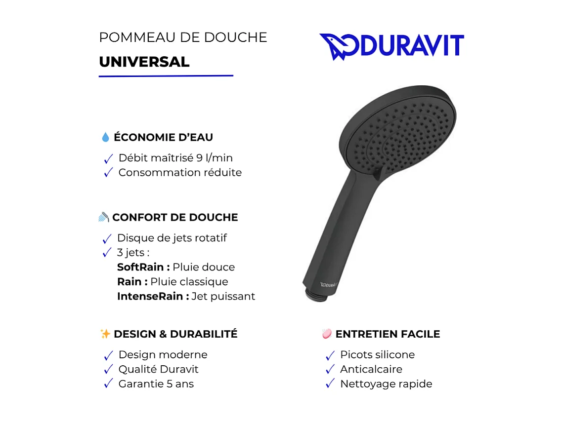 Pommeau de douche 3 jets DURAVIT Universal avec curseur noir mat + flexible de douche