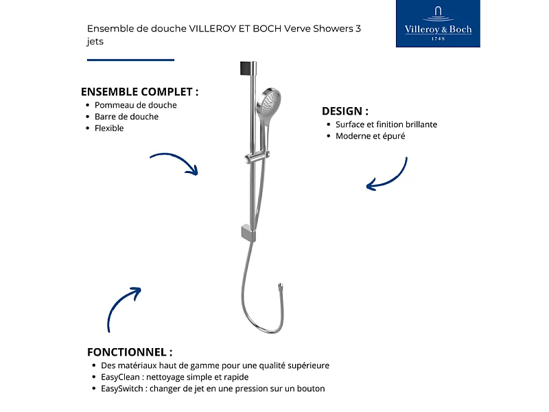 Ensemble de douche 3 jets VILLEROY ET BOCH Verve Showers Or brossé