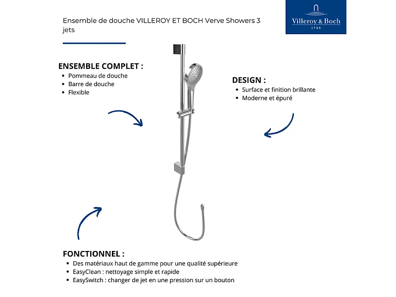 Ensemble de douche 3 jets VILLEROY ET BOCH Verve Showers Or brossé