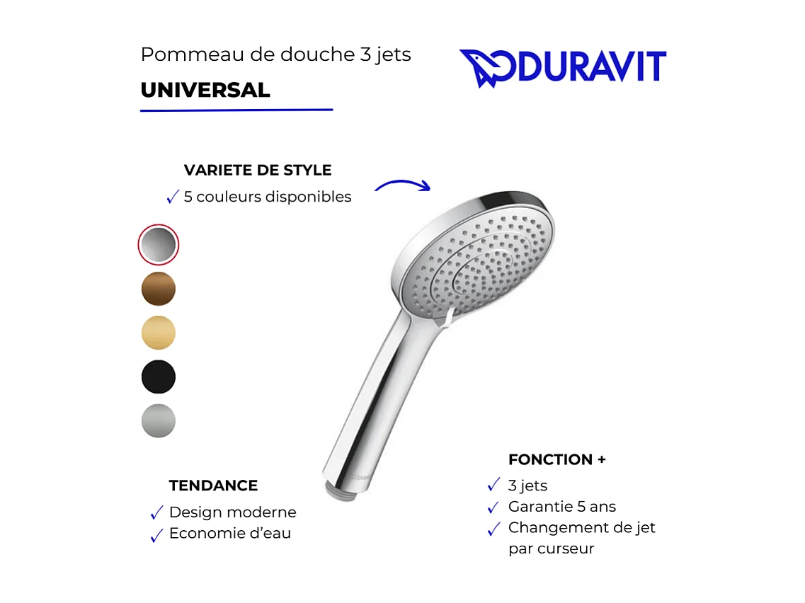 Pommeau de douche 3 jets DURAVIT Universal avec curseur doré poli + flexible de douche