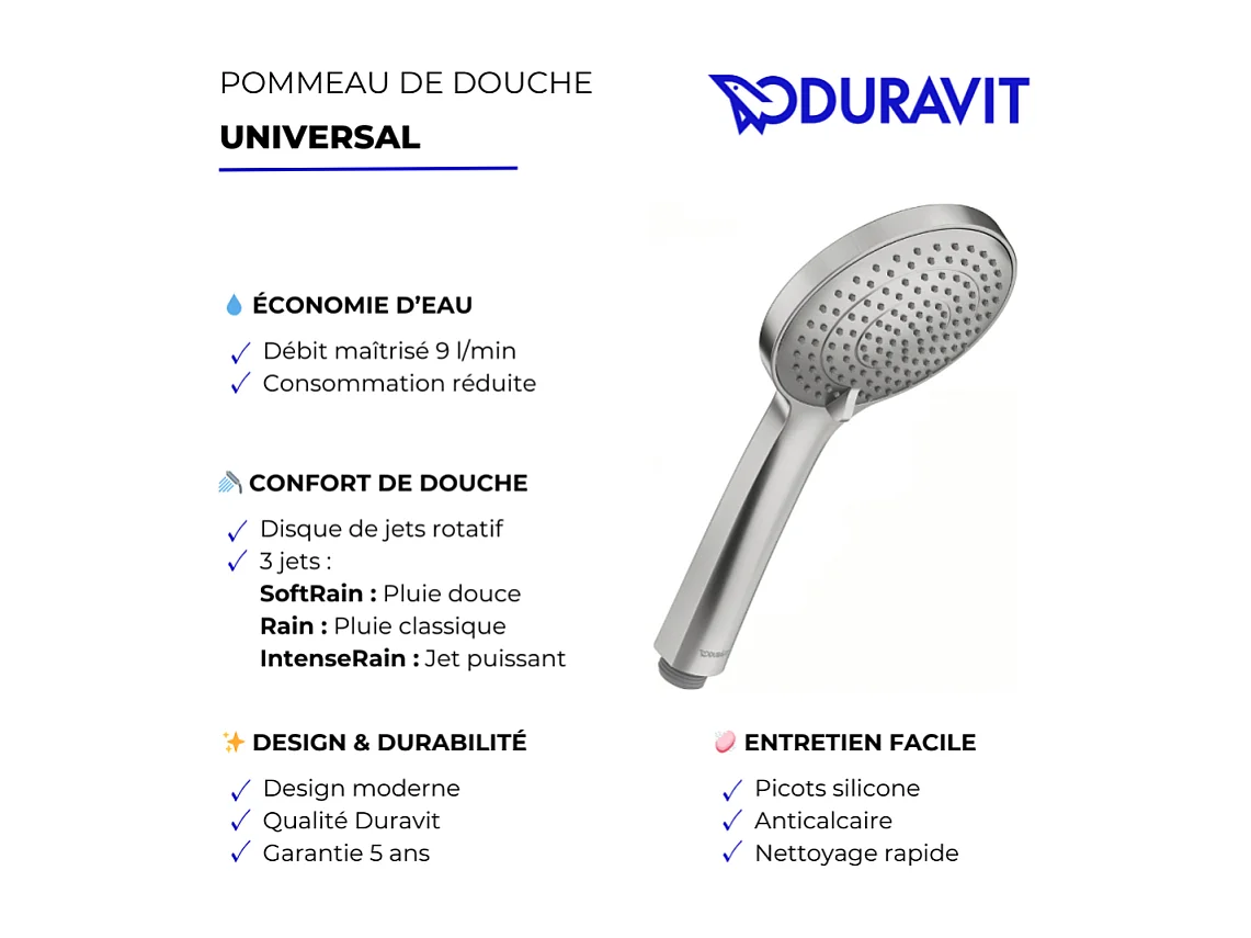 Pommeau de douche 3 jets DURAVIT Universal avec curseur inox brossé + flexible de douche