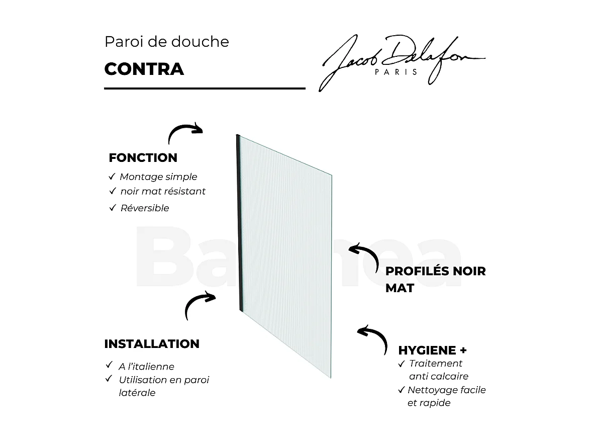 Paroi de douche fixe ou paroi latérale 200 x 90 JACOB DELAFON Contra noir mat