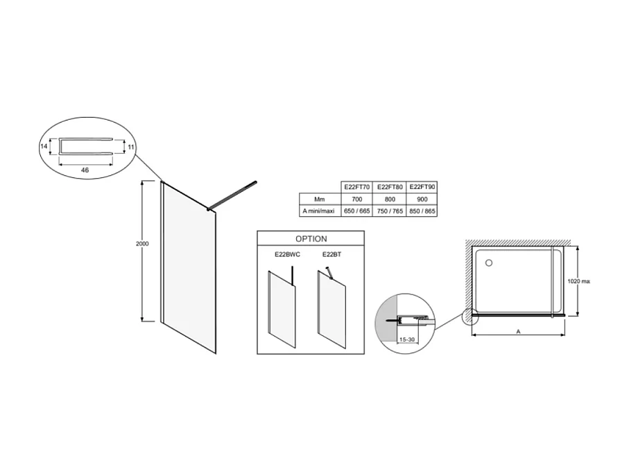 Paroi de douche fixe ou paroi latérale 200 x 90 JACOB DELAFON Contra noir mat