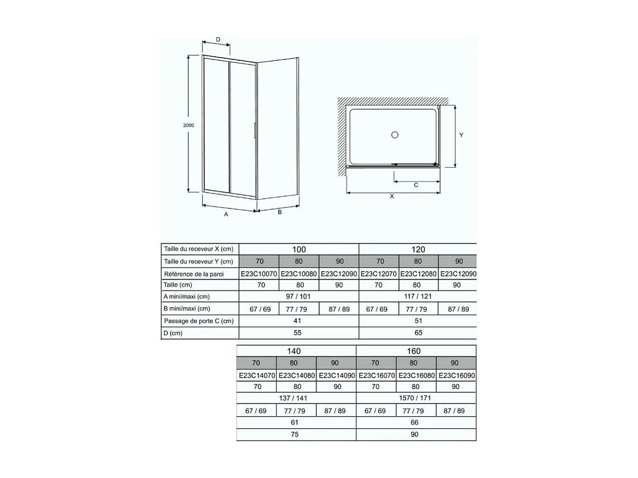 Paroi de douche JACOB DELAFON L'ingénieuse porte coulissante, installation angle 160 x 70