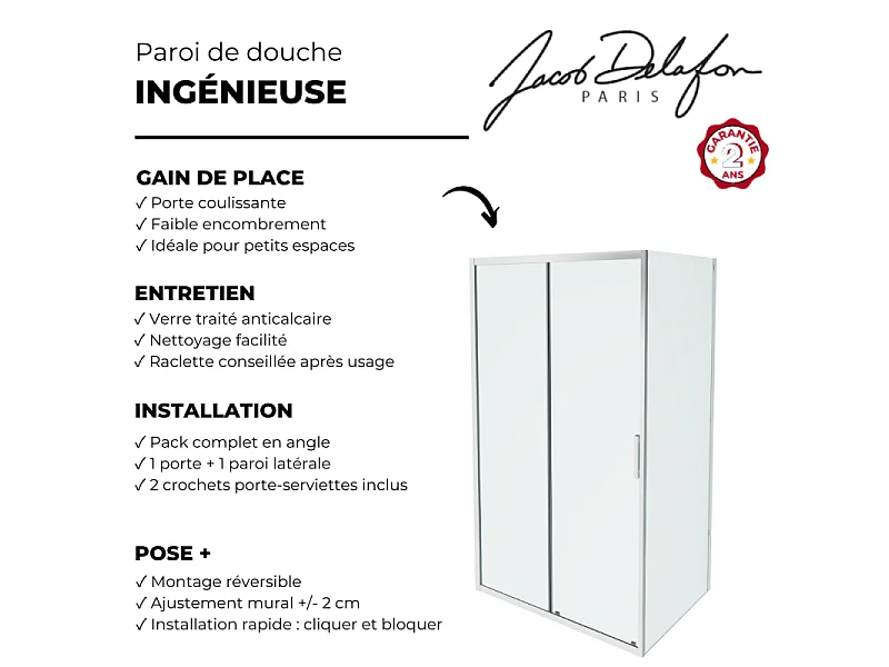 Paroi de douche porte coulissante en angle 120 x 90 cm JACOB DELAFON L'Ingénieuse