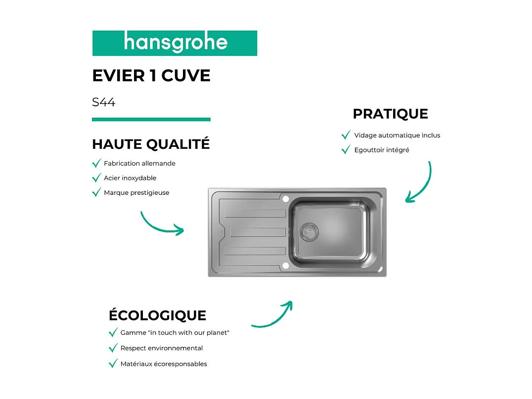Evier 1 bac HANSGROHE S44 inox + robinet de cuisine HANSGROHE Focus M41 160 chromé
