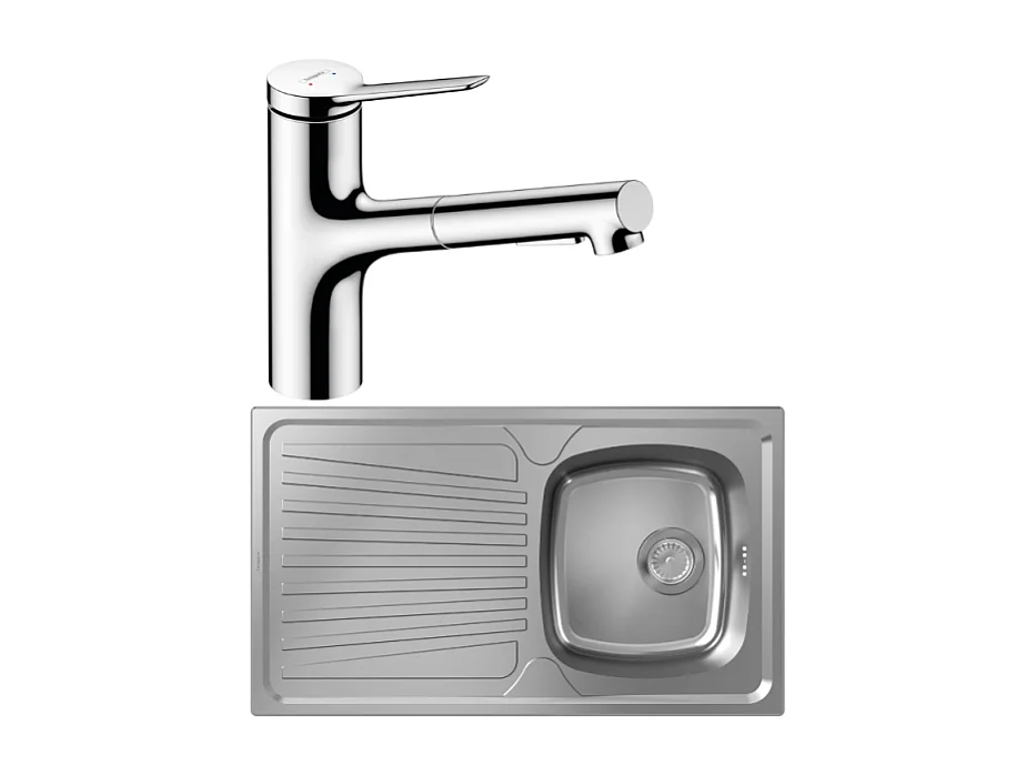 Evier 1 bac HANSGROHE S21 inox + robinet de cuisine avec douchette HANSGROHE Zesis M33 150 2 jets chromé