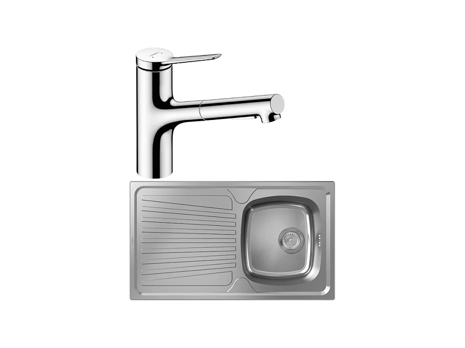 Evier 1 bac HANSGROHE S21 inox + robinet de cuisine avec douchette HANSGROHE Zesis M33 150 2 jets chromé