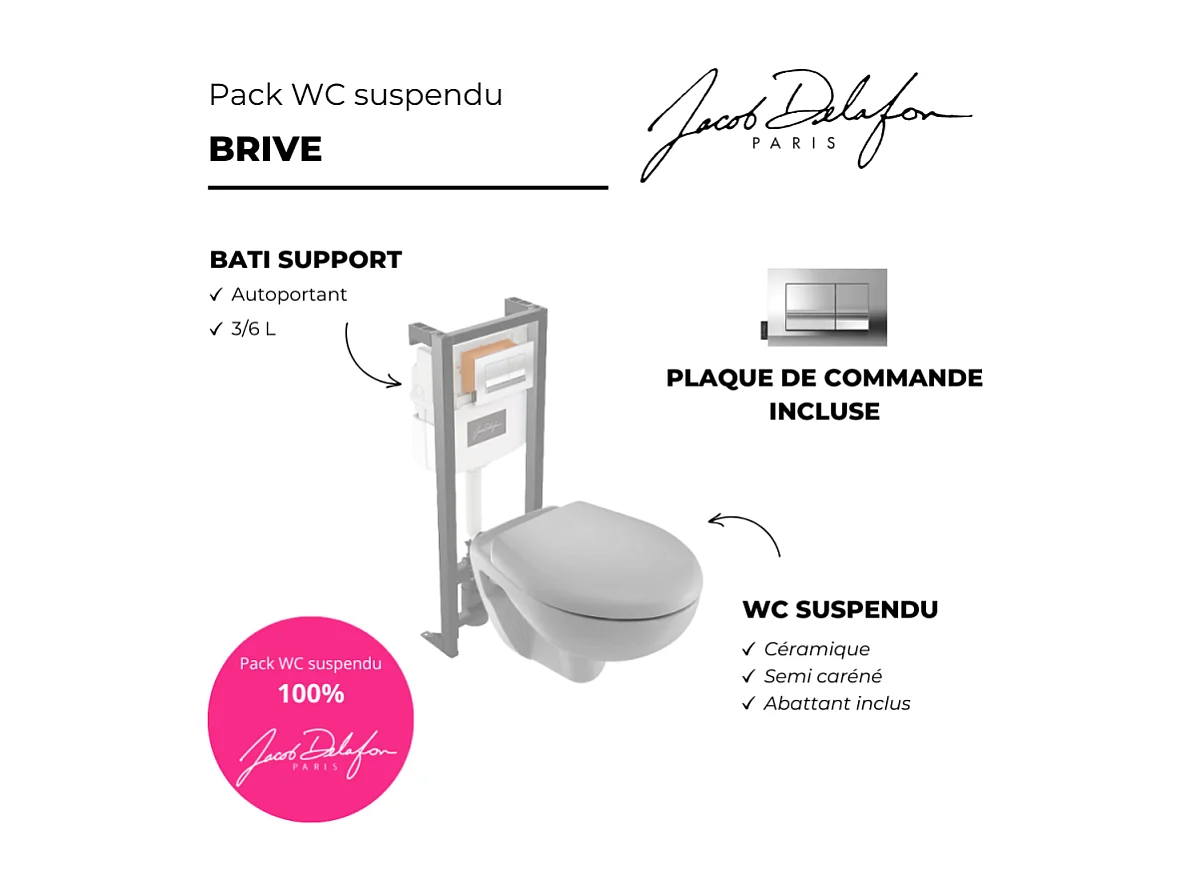 Pack WC suspendu JACOB DELAFON Brive semi caréné + bâti-support + abattant standard + plaque chromée