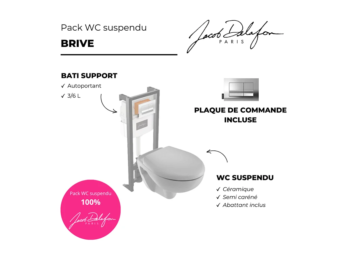 Pack WC suspendu JACOB DELAFON Brive semi caréné + bâti-support + abattant standard + plaque chromée