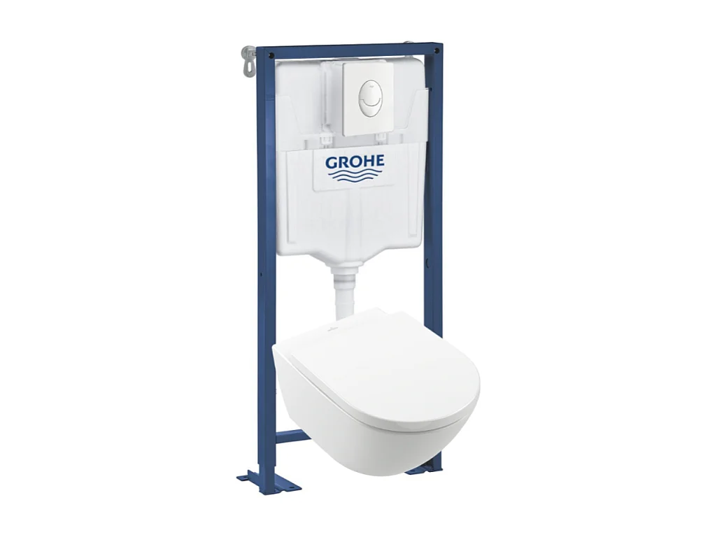 Pack WC Suspendu sans bride VILLEROY & BOCH Subway 3.0 avec abattant frein de chute + Bâti support GROHE + plaque blanche