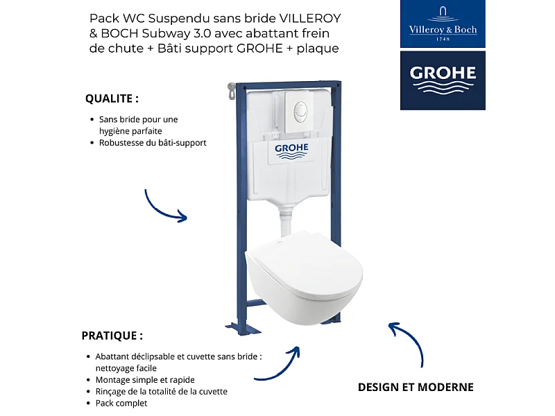 Pack WC Suspendu sans bride VILLEROY & BOCH Subway 3.0 avec abattant frein de chute + Bâti support GROHE + plaque blanche