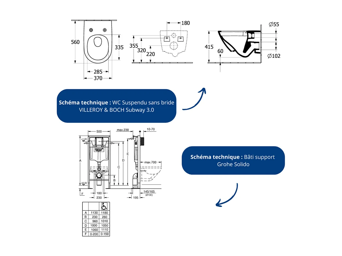 Pack WC Suspendu sans bride VILLEROY & BOCH Subway 3.0 avec abattant frein de chute + Bâti support GROHE + plaque chromée