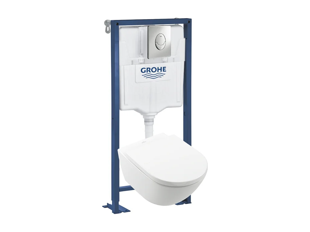 Pack WC Suspendu sans bride VILLEROY & BOCH Subway 3.0 avec abattant frein de chute + Bâti support GROHE + plaque chromée