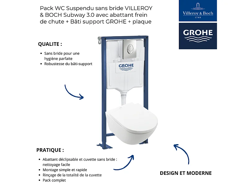 Pack WC Suspendu sans bride VILLEROY & BOCH Subway 3.0 avec abattant frein de chute + Bâti support GROHE + plaque chromée