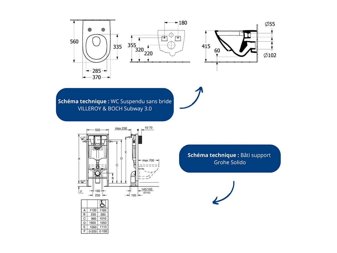 Pack WC Suspendu sans bride VILLEROY & BOCH Subway 3.0 avec abattant frein de chute + Bâti support GROHE + plaque chromée