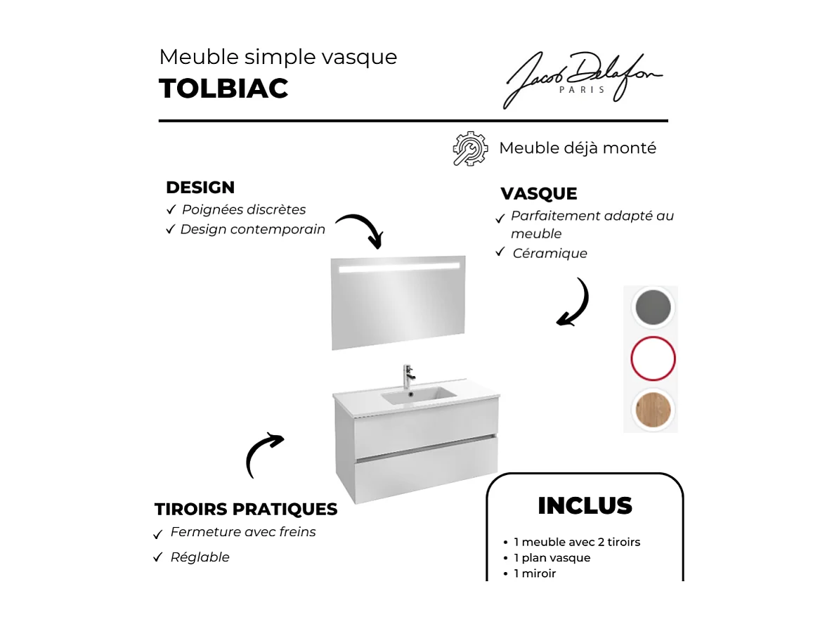Meuble vasque 101 cm JACOB DELAFON Tolbiac blanc + miroir led