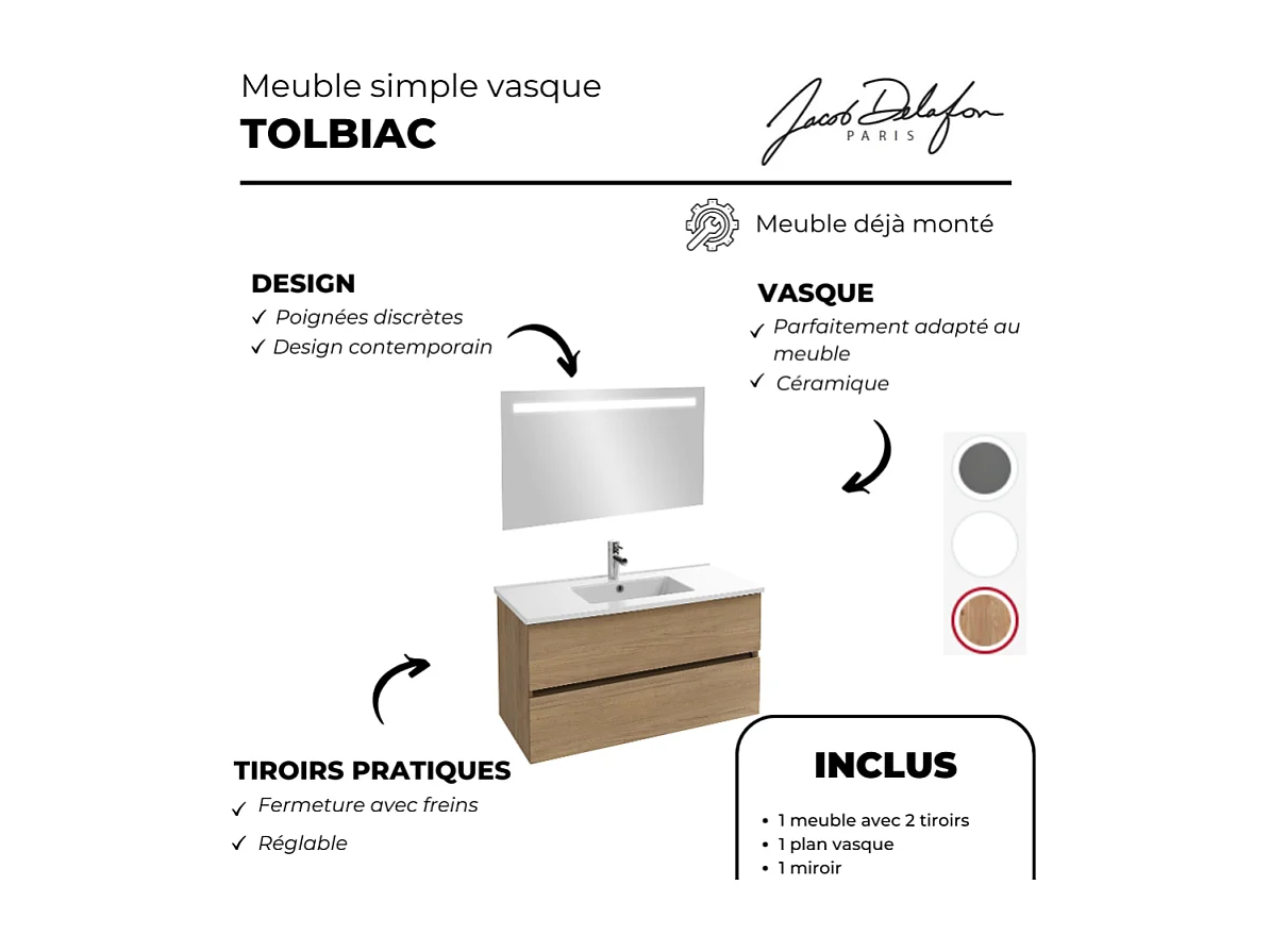 Meuble vasque 80 cm JACOB DELAFON Tolbiac chêne + miroir led