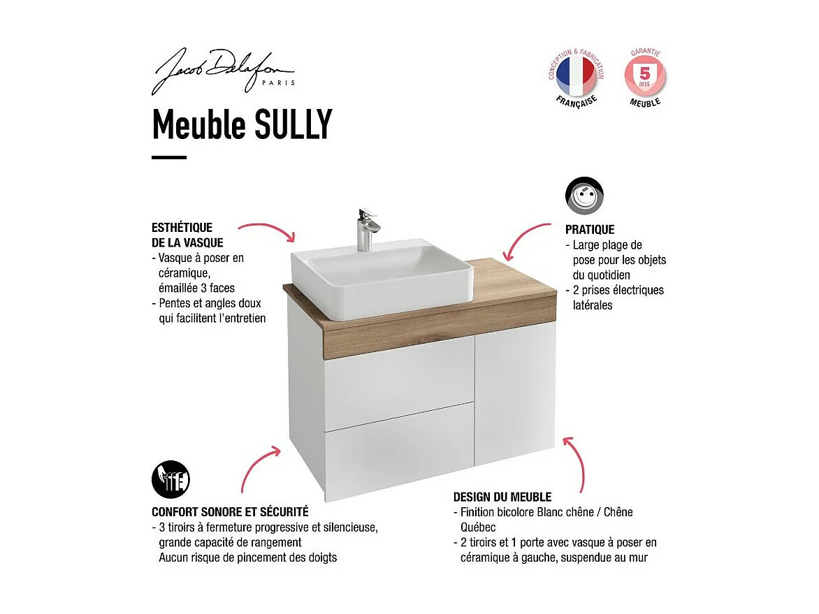 Meuble vasque à poser à gauche 83 cm JACOB DELAFON Sully blanc et chêne