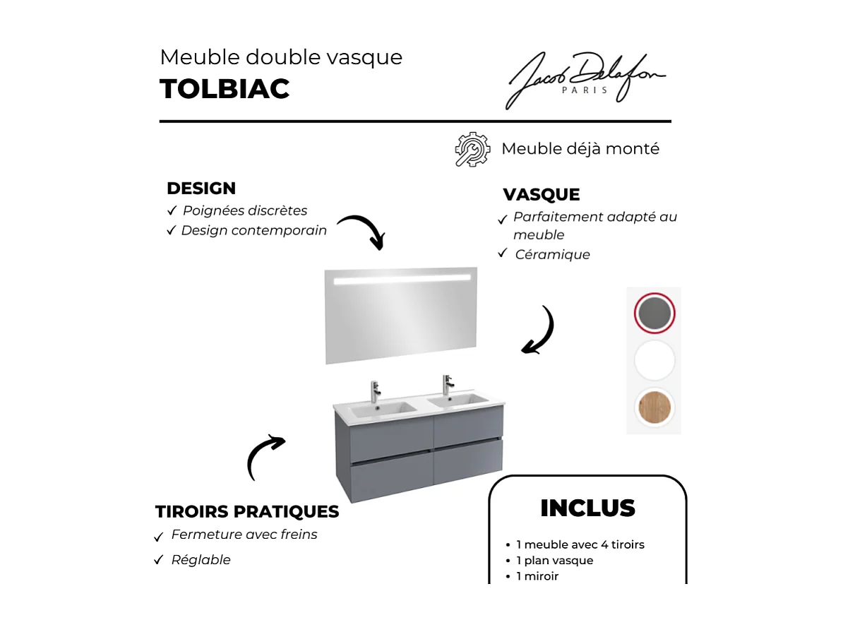 Meuble vasque 60 cm JACOB DELAFON Tolbiac gris anthracite + miroir led