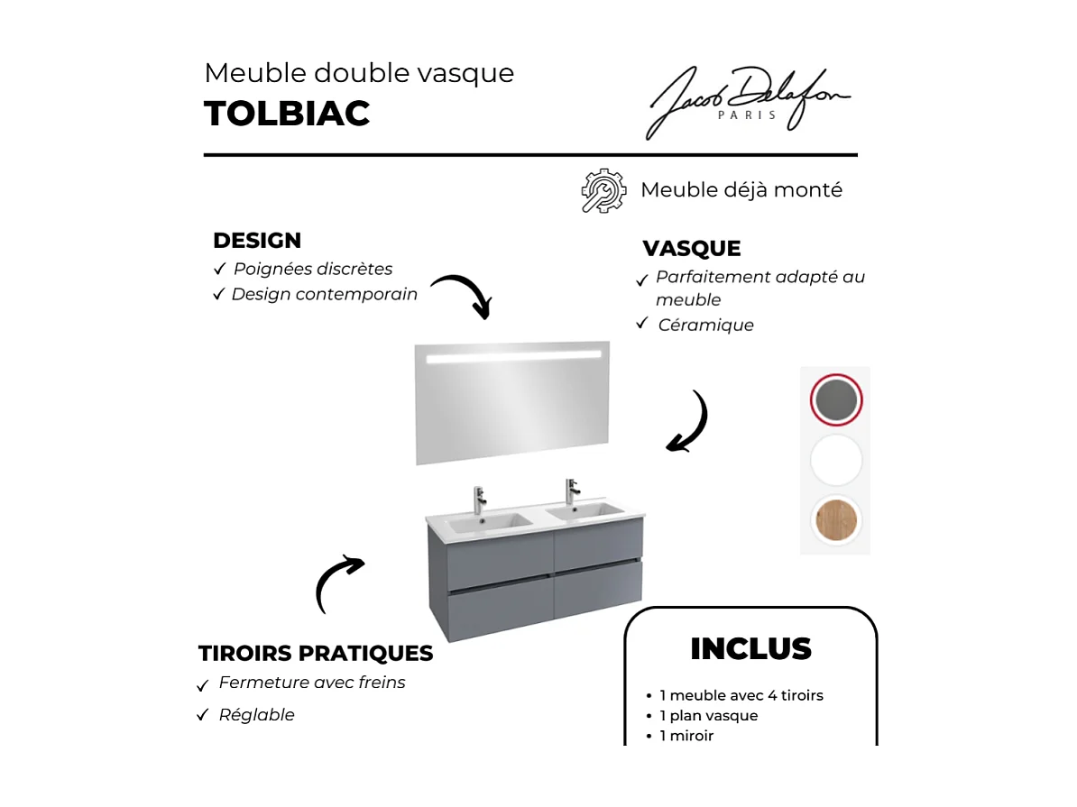 Meuble vasque 80 cm JACOB DELAFON Tolbiac gris anthracite + miroir led