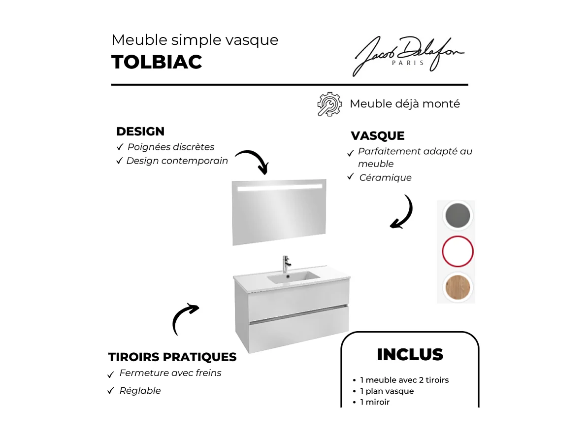 Meuble vasque 81 cm JACOB DELAFON Tolbiac blanc + miroir led