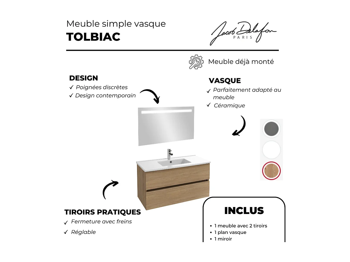 Meuble vasque 60 cm JACOB DELAFON Tolbiac chêne + miroir led