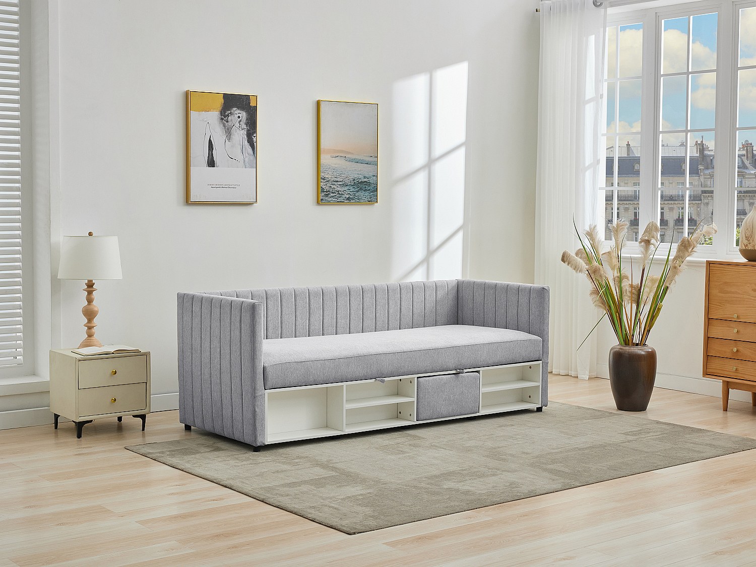 Bett Klappsofa mit Bettkasten - 80 x 200 cm - Stoff - Grau - LAOZIA günstig online kaufen