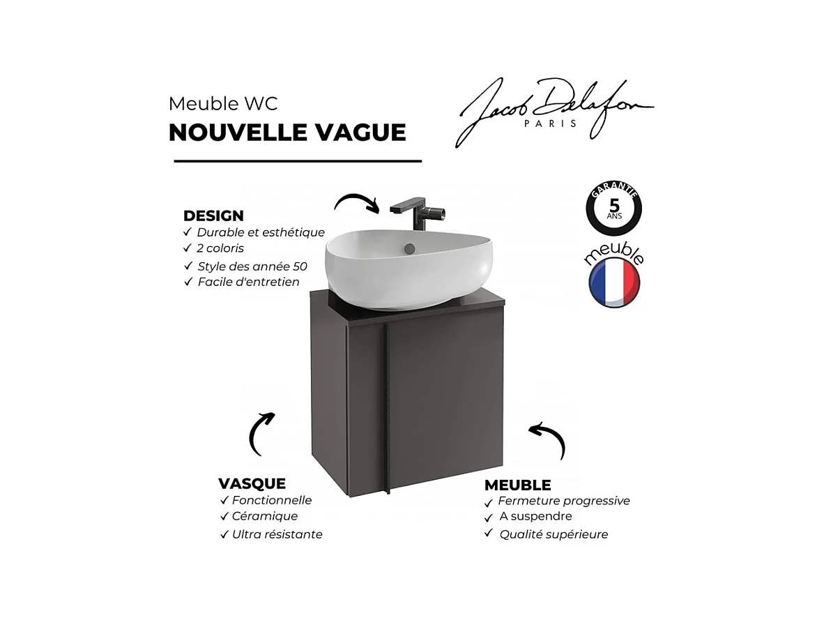 Meuble WC sous vasque JACOB DELAFON, Nouvelle Vague + vasque Gris anthracite, v. gauche