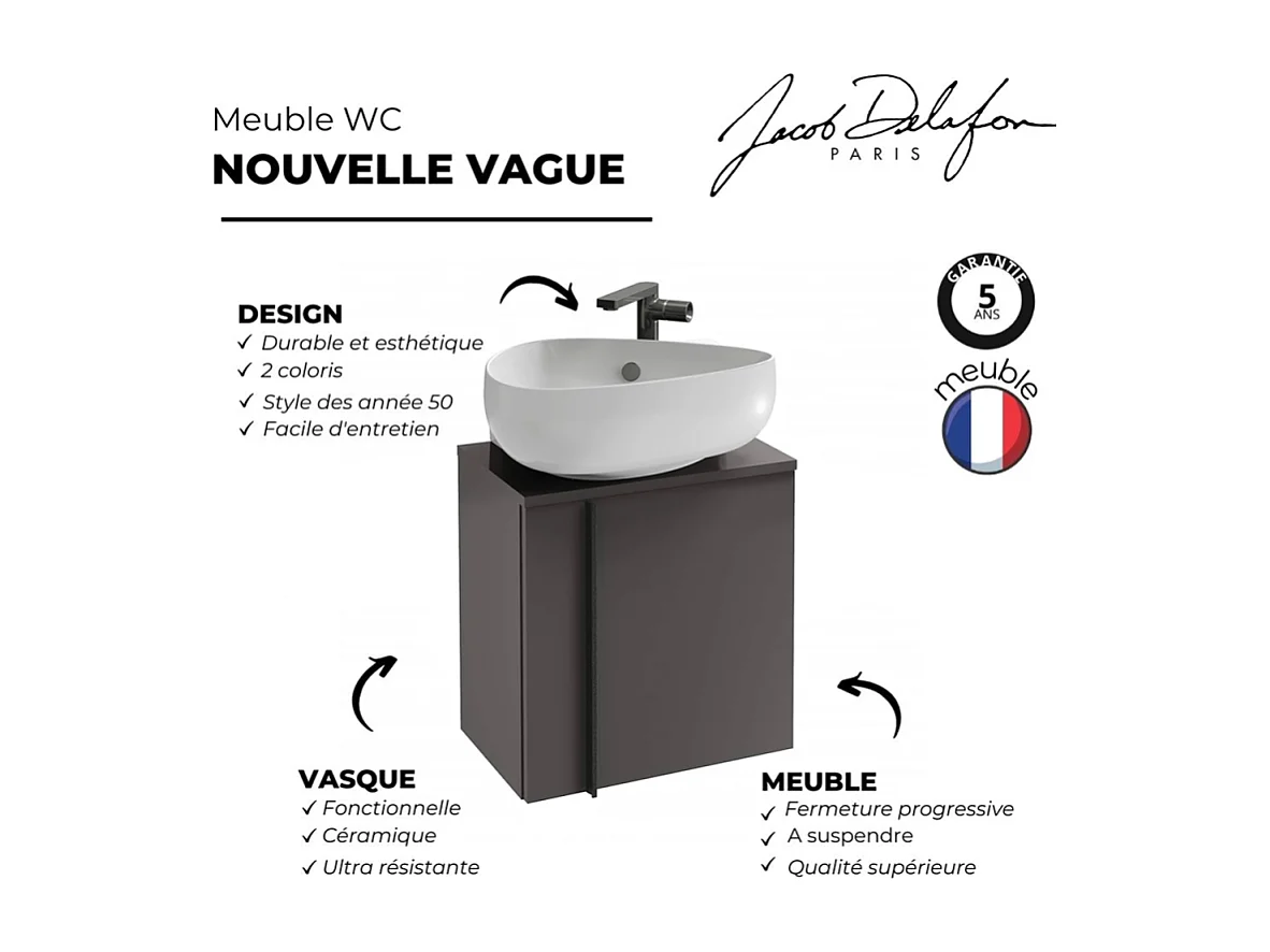 Meuble WC sous vasque JACOB DELAFON, Nouvelle Vague + vasque Gris anthracite, v. gauche