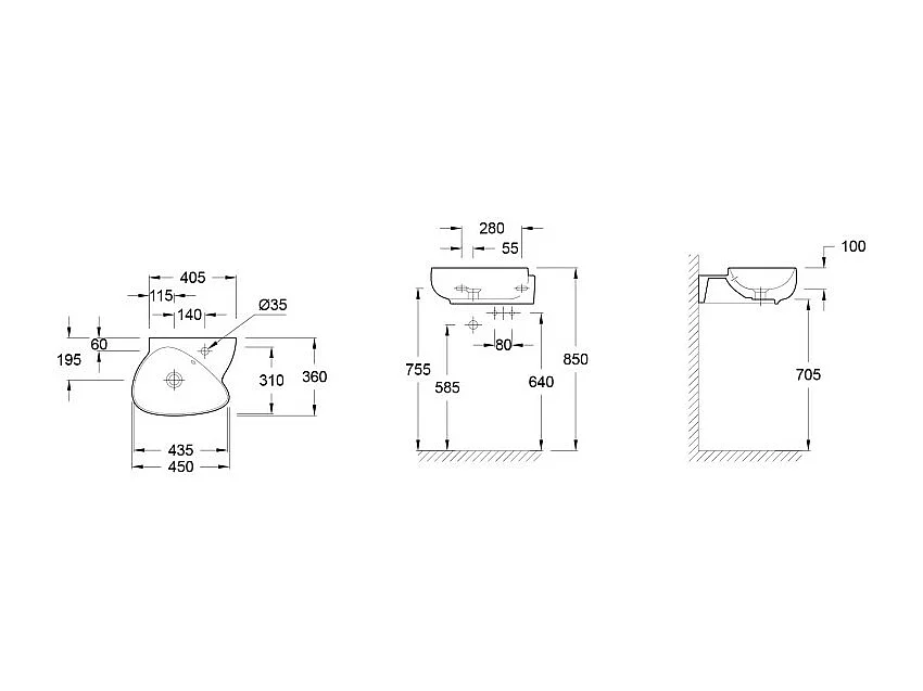 Meuble WC sous vasque JACOB DELAFON, Nouvelle Vague + vasque Gris anthracite, v. gauche