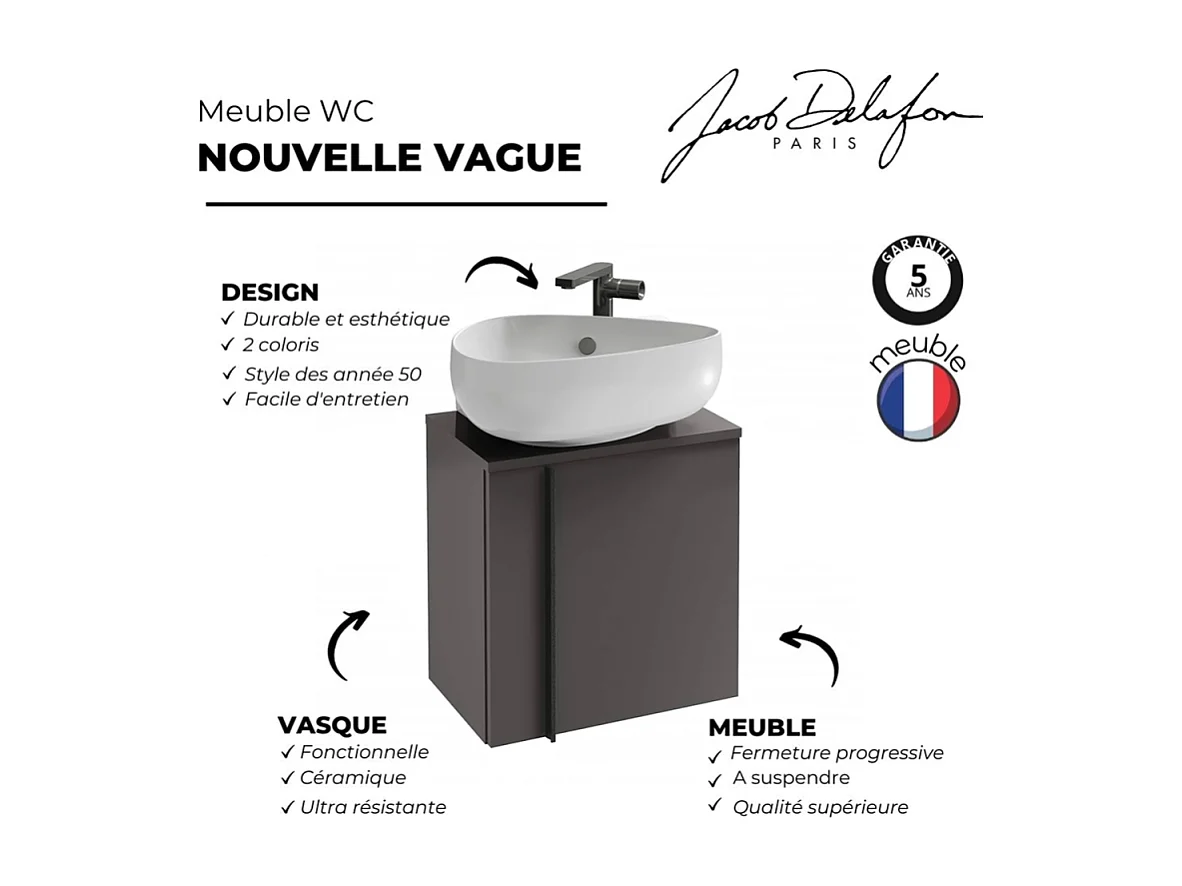 Meuble WC sous vasque JACOB DELAFON, Nouvelle Vague + vasque Gris anthracite, v. gauche
