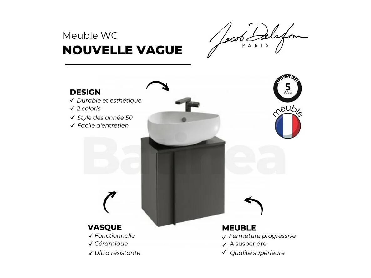 Meuble WC sous vasque JACOB DELAFON, Nouvelle Vague + vasque Gris anthracite, v. droite