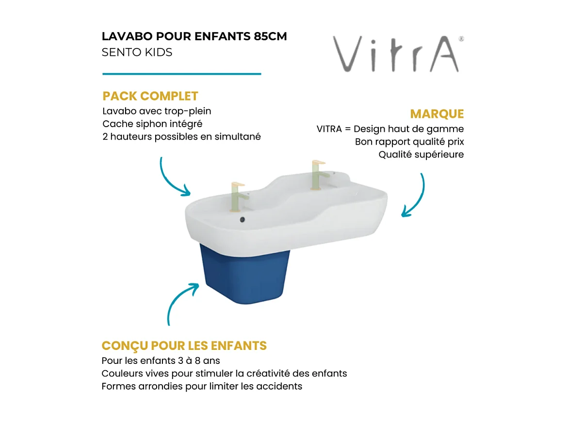 Lavabo pour enfant VITRA Sento Kids 85 cm 2 hauteurs avec trop-plein + cache-siphon Sento kids