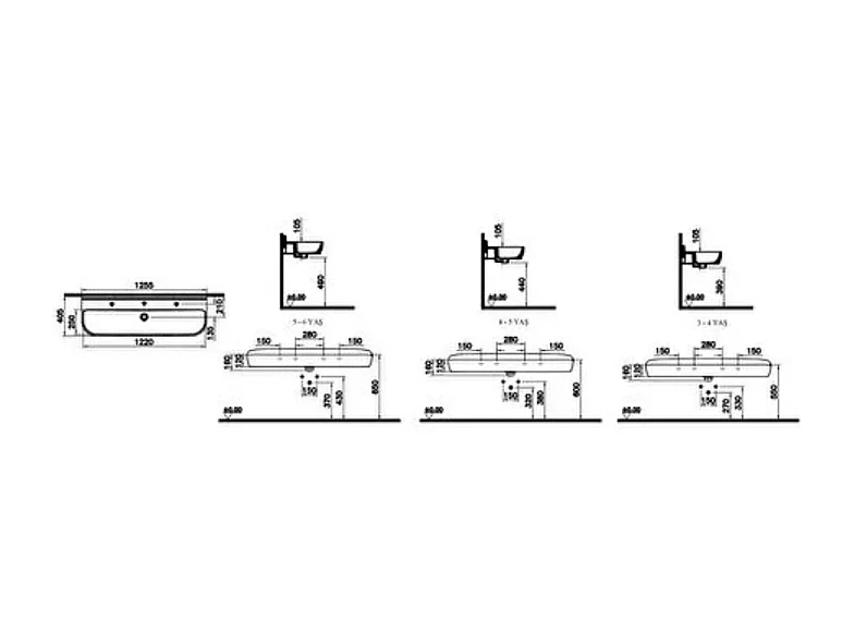 Lavabo pour enfant VITRA Sento Kids 125 cm 1 hauteur avec trop-plein + cache-siphon Sento kids
