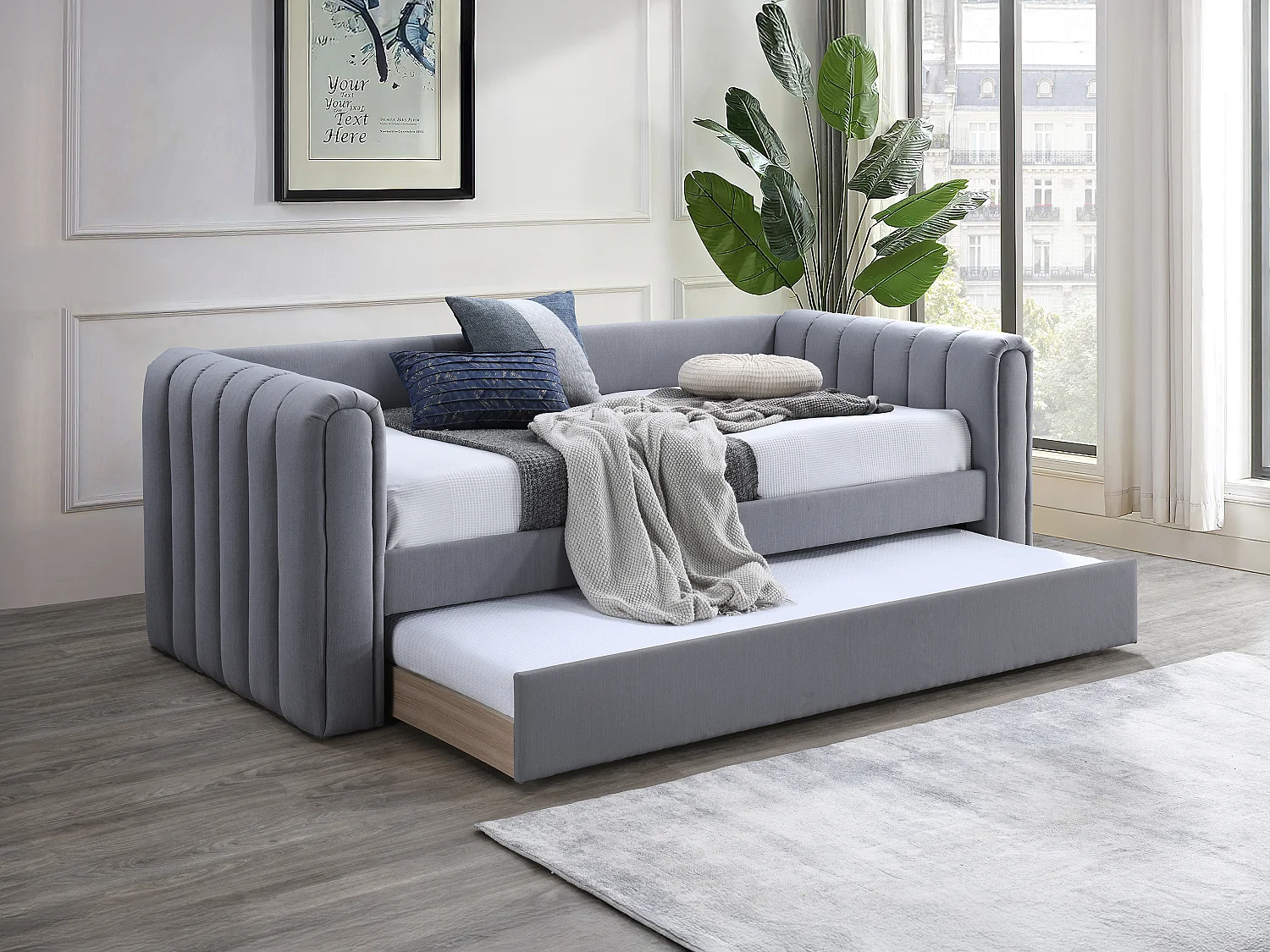 Lit gigogne 90 x 190 cm - Tissu - Gris - SAHONA