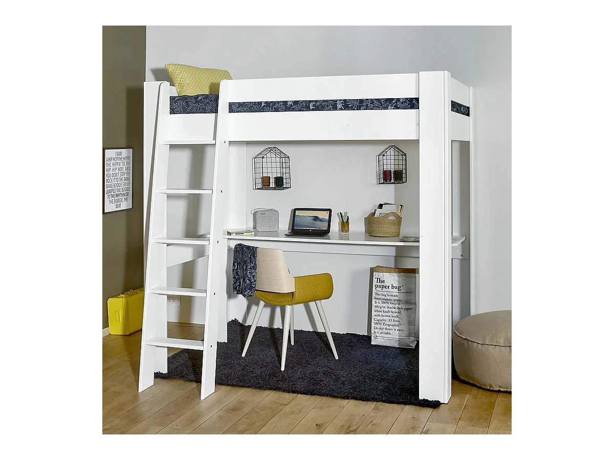 Lit mezzanine 2 places avec bureau 140x190 cm bois massif blanc LEE