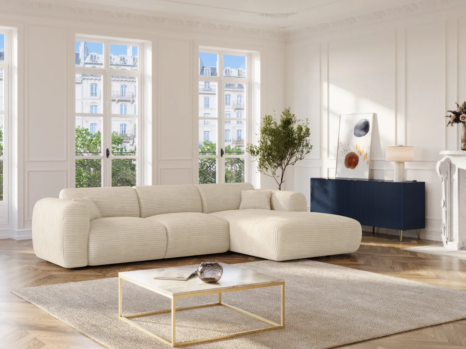 Gran sofá rinconera derecho de pana beige POGNI de Maison Céphy