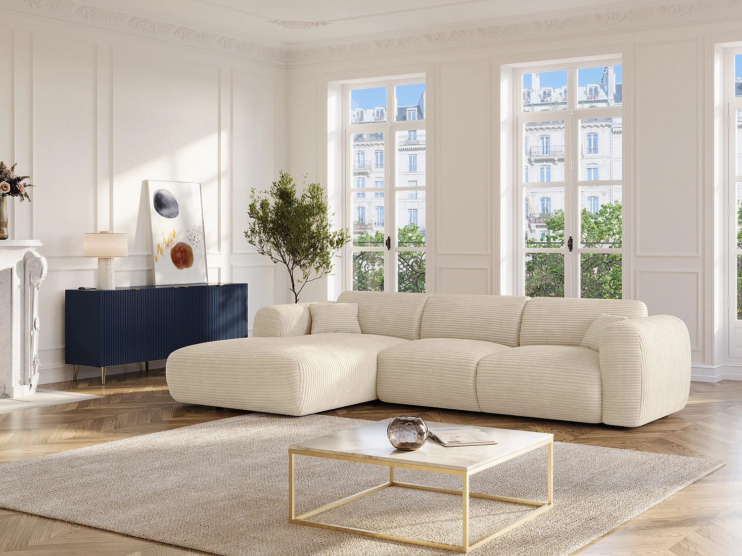 Großer Ecksofa - Ecke links - Cord - Beige - POGNI von Maison Céphy