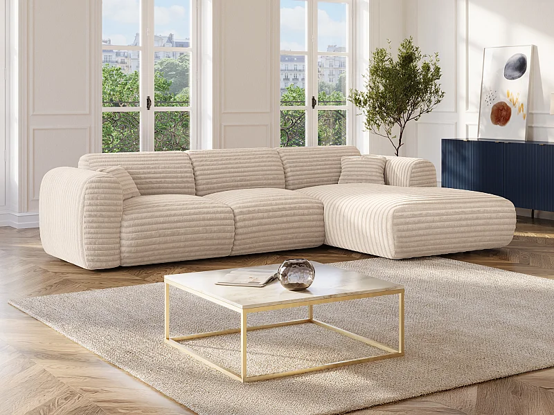 Grote hoekbank met hoek rechts van beige ribfluweel met brede ribbels POGNI van Maison Céphy