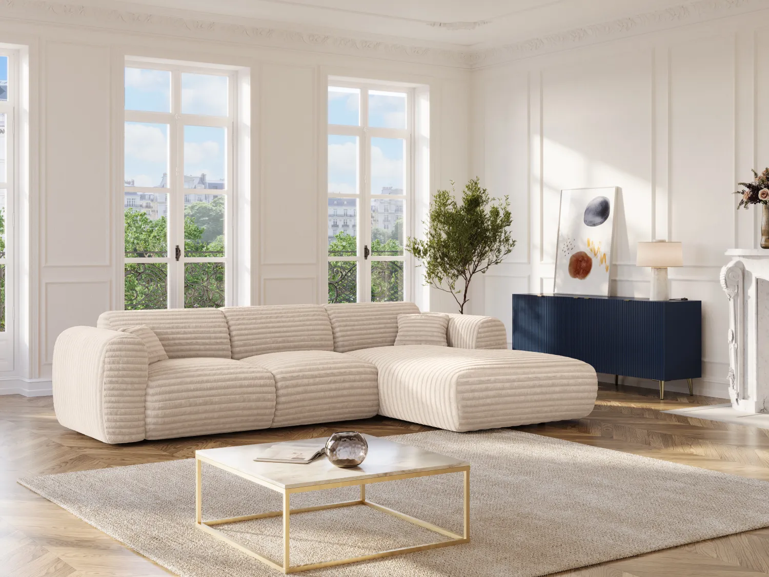 Großes Ecksofa - Ecke rechts - grob gerippter Cord - Beige - POGNI von Maison Céphy
