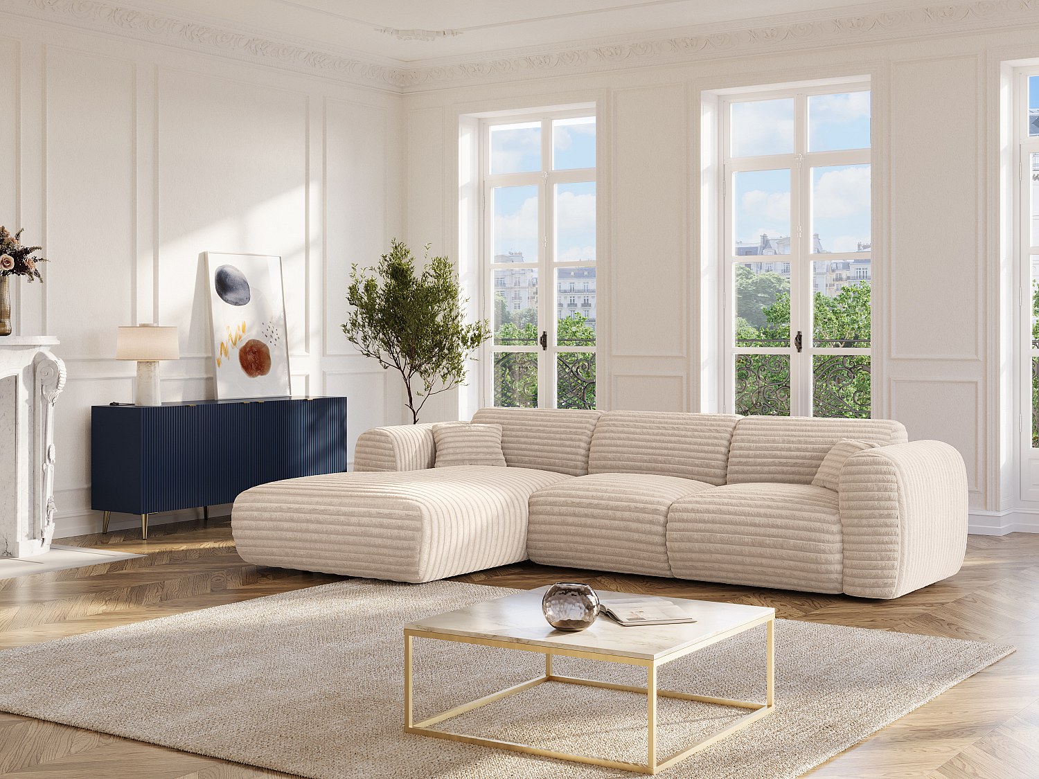 Vente-unique Großer Ecksofa - Ecke Links - Grob Gerippter Cord - Beige - Pogni Von Maison Céphy