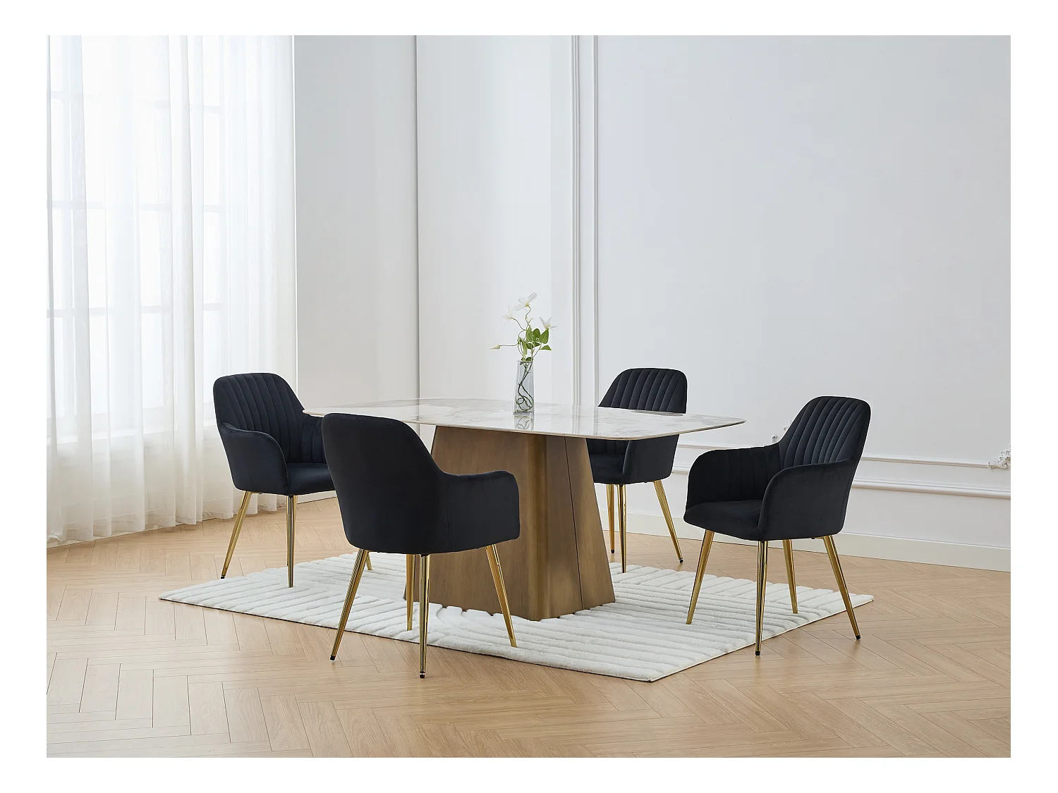Lot de 6 chaises avec accoudoirs en velours et métal doré - Noir - ELEANA