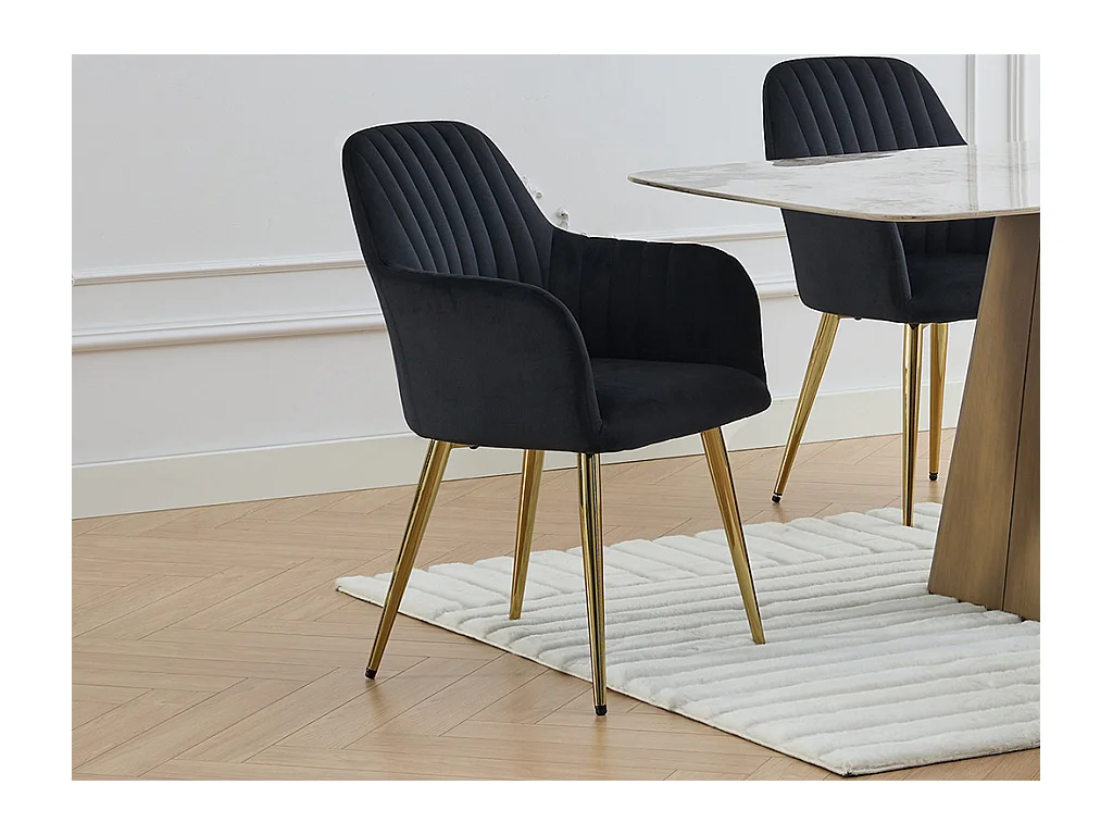 Lot de 6 chaises avec accoudoirs en velours et métal doré - Noir - ELEANA