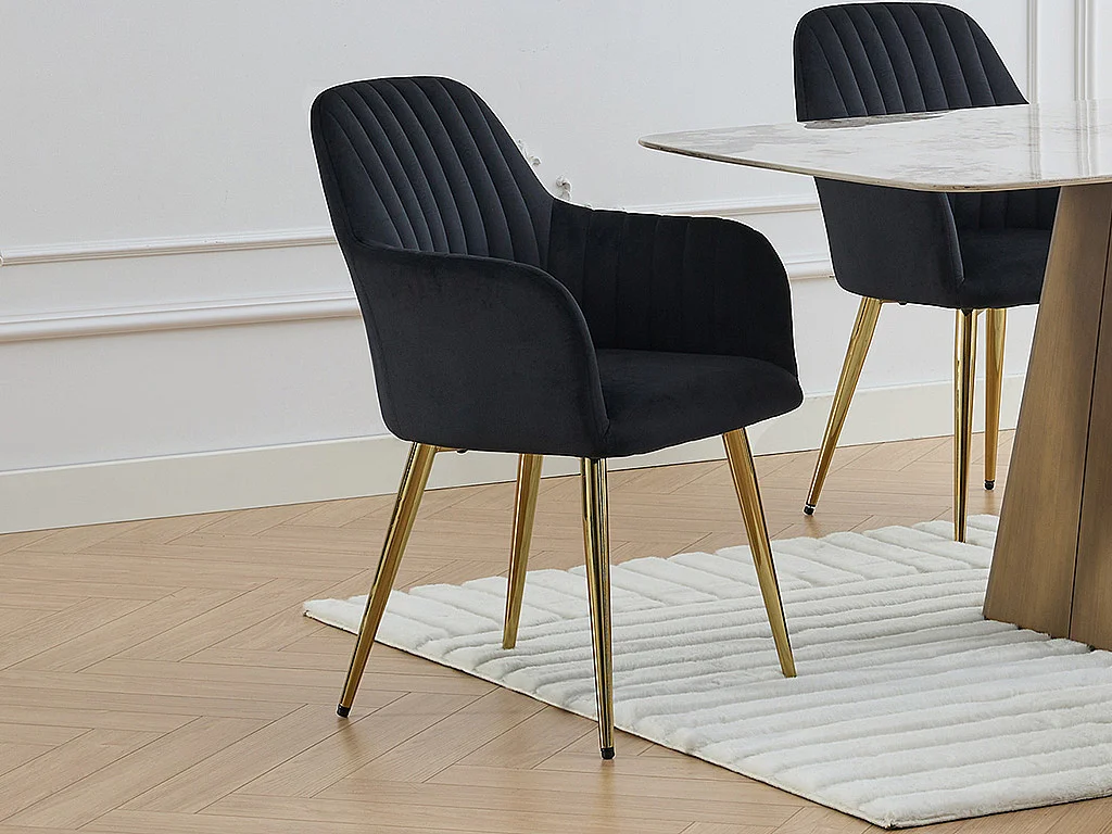 Lot de 6 chaises avec accoudoirs en velours et métal doré - Noir - ELEANA